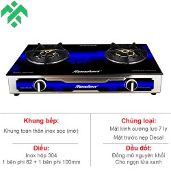 Bếp ga đôi đầu đốt đồng Raiden RDB-2280 điếu inox hộp 304, kiềng gang chống oxy hóa